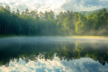 Serene Mist Over Lake With Forest Reflection