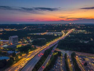 Aerial view of Gaithersburg cityscape at sunset. Busy highway, urban buildings, houses, and streets illuminated by golden light against dark cloudy sky in Maryland.