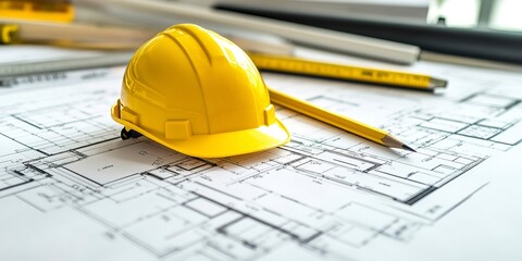 Blueprint floor plan architectural project on the table with yellow helmet and pencil 
