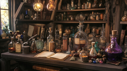 A whimsical witch workshop filled with potion bottles, spell books, and magical item. Scene is set in a place where magic or potions are practiced