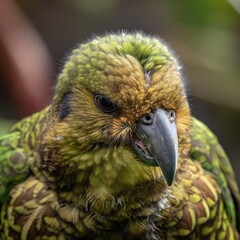 Close-up of kakapo bird with unique beak and feathers. Bird green plumage and wing details are visible. Wild animal with distinctive appearance. Native species found in tropical environments.