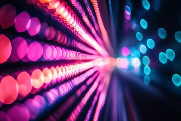 Abstract colorful bokeh lights background with purple and pink glow,  blurred bright neon lights background for design, graphic, and banner.