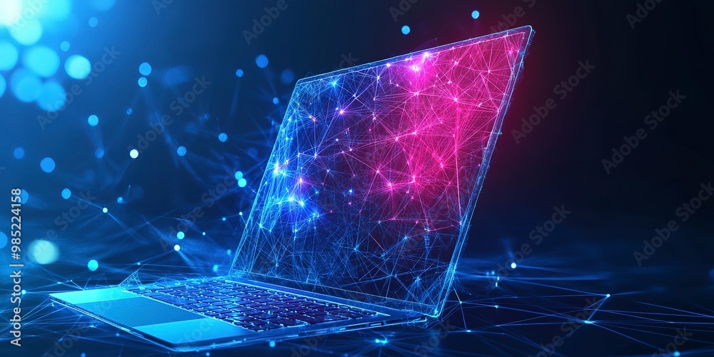 Poster An abstract laptop design is presented in a low poly style, featuring a blue geometric background with wireframe light connection structures in a modern 3D graphic concept