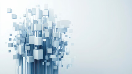 Abstract geometric art featuring numerous floating cubes and vertical lines, creating a modern, futuristic, and minimalist visual composition with a sense of depth.