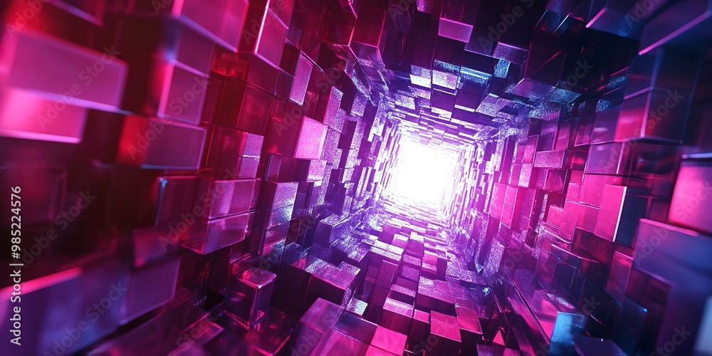 Wall mural abstract 3d futuristic glowing geometric tunnel background with blocks