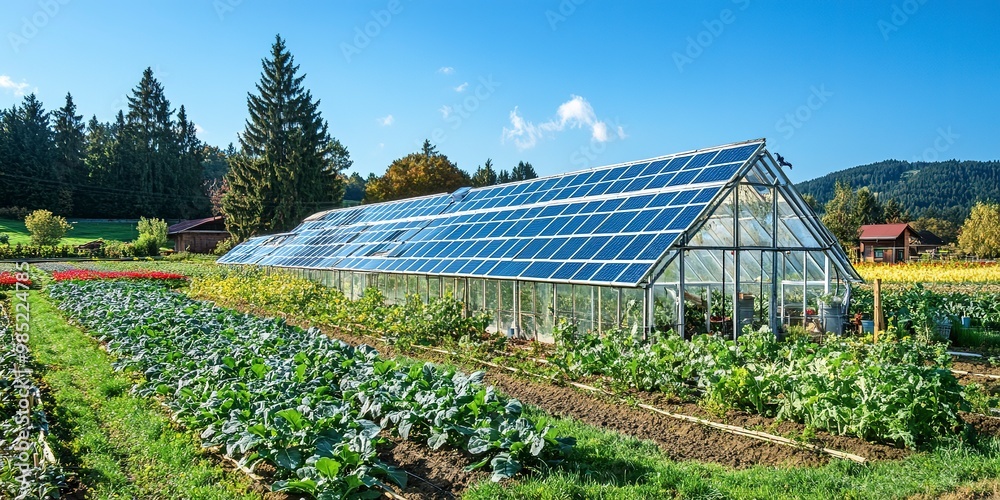 Wall mural A sustainable farm showcasing the innovative agrivoltaics concept, where solar panels are harmoniously integrated above crops to maximize land use for renewable energy and agriculture. 