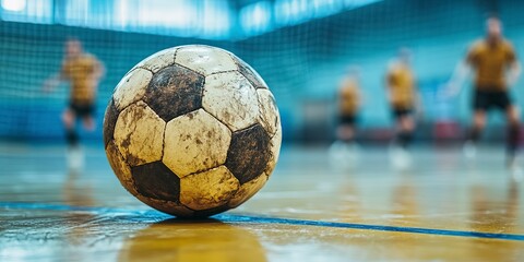 A worn soccer ball rolls on a smooth gym floor while players engage in an exciting indoor soccer match in a sports facility