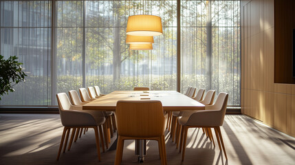 Stylish Swedish business conference room, modern furniture, neutral color palette, sleek and professional environment, clean lines and natural materials