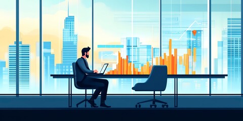 A man sits with a laptop and works with a growing graph in front of a large panoramic window: increasing sales and revenue by analyzing data. Business Analytics. 