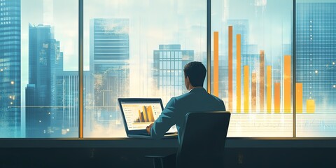 A man sits with a laptop and works with a growing graph in front of a large panoramic window: increasing sales and revenue by analyzing data. Business Analytics.