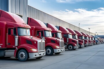 Row of red semi trucks parked in front of a warehouse, logistics and transportation concept