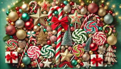 Fototapeta premium Colorful Christmas candy and ornaments background