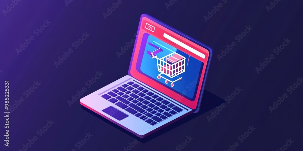 Poster a laptop computer is open to a website with a shopping cart on it