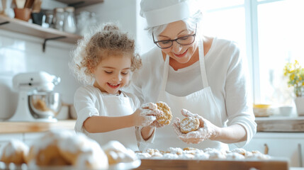 A grandmother and granddaughter joyfully bake and shape dough together in a bright, cozy kitchen, sharing a loving moment and creating delicious memories.