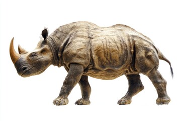 Obraz premium A prehistoric rhinoceros-like animal, isolated on white, focus on its thick skin and horns
