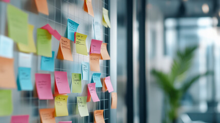 A wall covered with colorful sticky notes, each containing handwritten ideas, reminders, or tasks, creating a vibrant and collaborative workspace atmosphere.