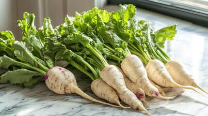A still life composition of exotic and rare vegetables like Oca tubers, celtuce, and dragon's tongue beans, artfully arranged on a marble countertop with natural light casting soft shadows