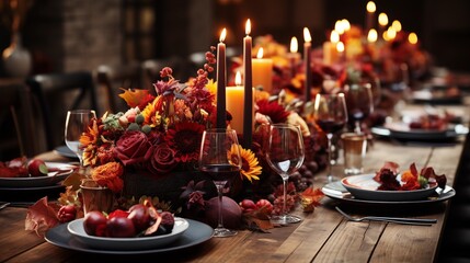 Fall table setting for celebration Thanksgiving or Friendsgiving day, family party.