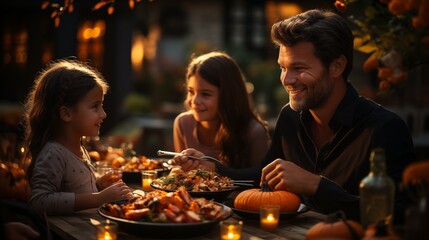 Family having a meal outdoors, table setting with pumpkins and autumn decoration