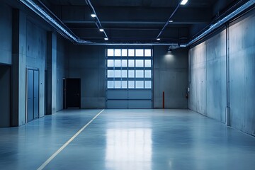 Obraz premium Empty industrial warehouse interior with large window and concrete floor.