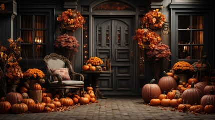 Obraz premium Front door with fall decor, pumpkins and autumnthemed decorations