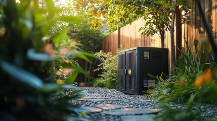 Naklejka premium Air conditioning unit installed outside in a lush backyard garden