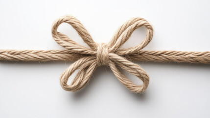 A neatly tied bow made from natural rope, set against a clean white background, showcasing simplicity and elegance in its design.