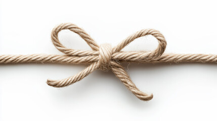 A piece of rope tied in a simple and neat bow knot against a plain white background.