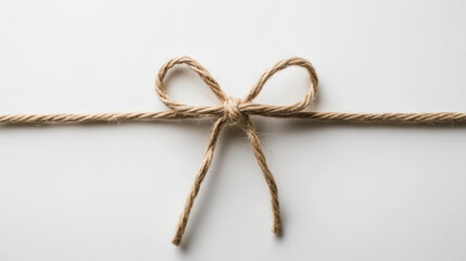 A simple piece of rope is tied into a delicate bow knot, set against a plain white background.