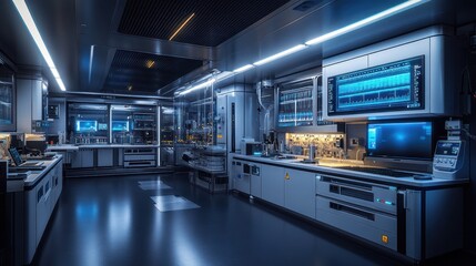 Obraz premium High-tech laboratory with advanced equipment and glowing screens.