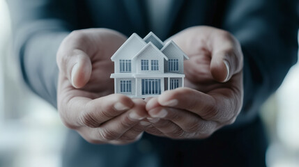 A close-up of someone's hands holding a small model house, symbolizing real estate, home ownership, or investment in property.