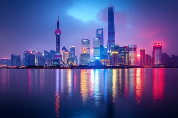 Obraz premium Night cityscape of Shanghai skyline with colorful lights reflecting in the water