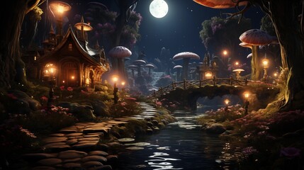 Obraz premium Magical fairy tale forest landscape background with glowing lights
