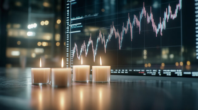 Candles burning in the foreground with a fluctuating stock market chart displayed on a screen in the background, indicating analysis in a tranquil environment.