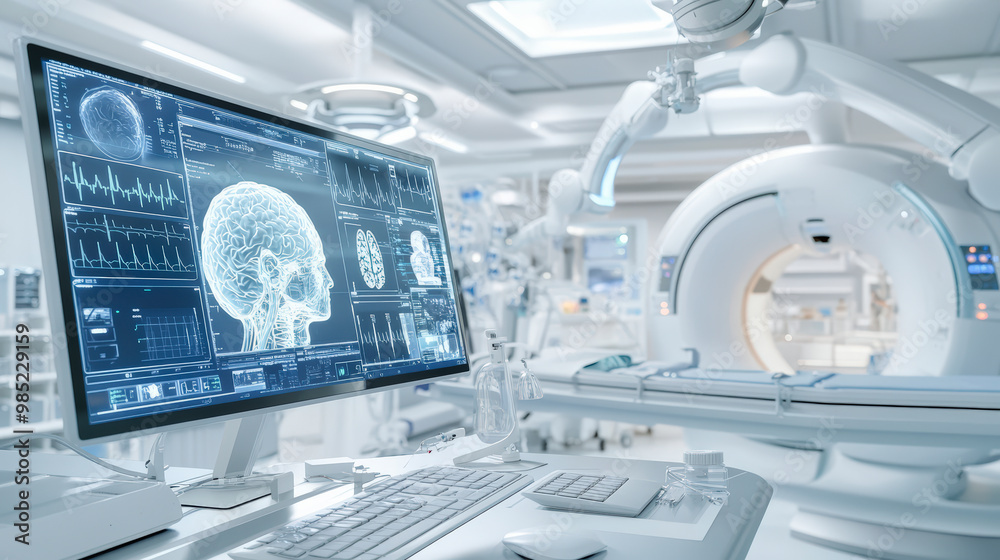 Wall mural a state-of-the-art medical imaging room with a brain scan displayed on a monitor and advanced diagno