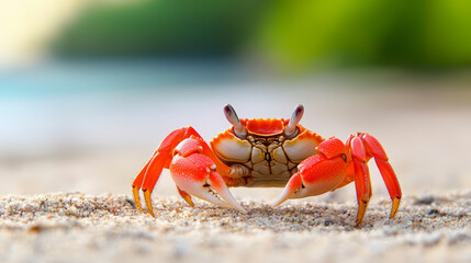 A vibrant red crab stands on sandy beach shore, with a blurred green and blue ocean background, presenting a picturesque coastal scene.