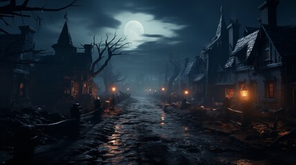 Misty Cemetery with Lights in Mystical Autumn Old Small Town 3D Art Fantasy Illustration. Spooky Huts in Ghost Village Mysterious Halloween Background. Ominous Witch Street in Oldtown