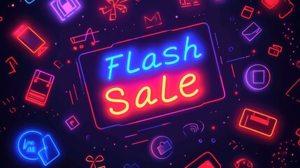 Neon-themed Flash Sale sign with glowing, vibrant colors on a dark background, surrounded by various icons representing products. Digital marketing and promotional events.