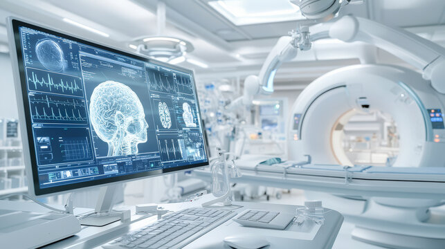 A state-of-the-art medical imaging room with a brain scan displayed on a monitor and advanced diagnostic equipment, showcasing high-tech healthcare technologies.