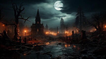 Mystical ancient graveyard under cloudy sky with super moon