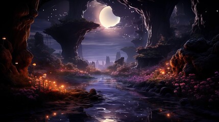 Mystical magical forest at night with glowing lights