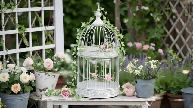 A bird cage with flower decoration. Seamless 4K looping timelapse video animation background