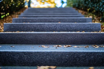 Grey concrete steps with fallen leaves in autumn. Pathway, stairs, foliage, outdoor, nature, fall