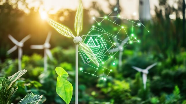 A green wind turbine surrounded by lush vegetation, symbolizing renewable energy and sustainability with a digital overlay of geometric designs. - Powered by Adobe