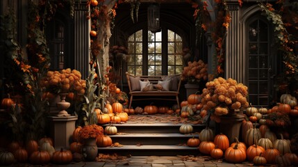 Fototapeta premium Porch of an old house decorated with pumpkins. autumn halloween thanksgiving day.