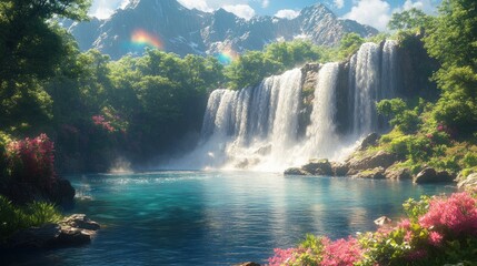 Fototapeta premium A serene waterfall surrounded by lush greenery and rainbows.