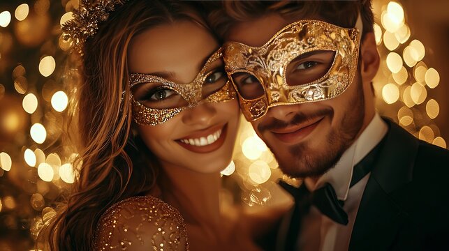 Couple in Masquerade Masks at a Festive Event