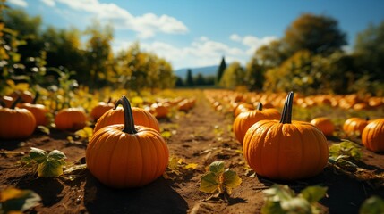 Pumpkin patch on sunny Autumn day. Beautiful fall scene.