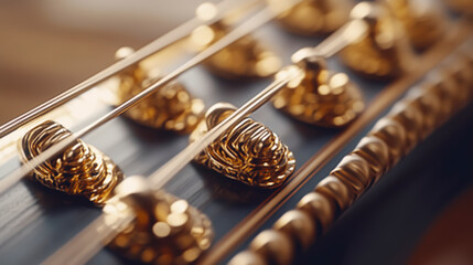 Close-up of the golden tuning pegs and strings of a classical guitar, showcasing the intricate details and craftsmanship of the instrument.