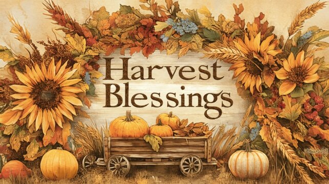 A decorative autumn-themed image featuring pumpkins, sunflowers, and foliage.